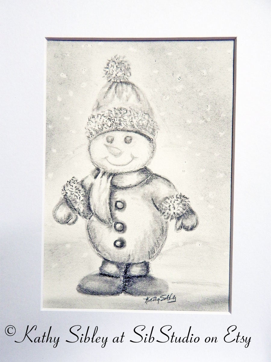 Winter Snowman Drawing, Original Drawing, Matted 8 x 10 inches, Snowman Graphite Drawing, Snowman Pencil Art, Snowman Art, Snowman Wall Art