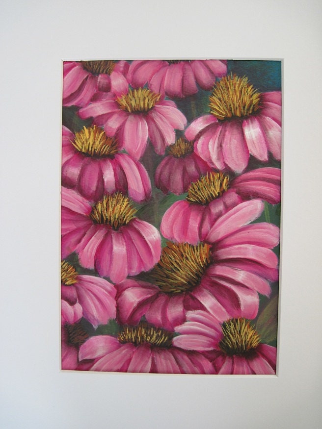 Pink Cone Painting, Original Acrylic Painting, Matted 8 x 10 inches, Pink Cone Flower Wall Art, Cone Flower Home Decor, Pink Cone Flower Art