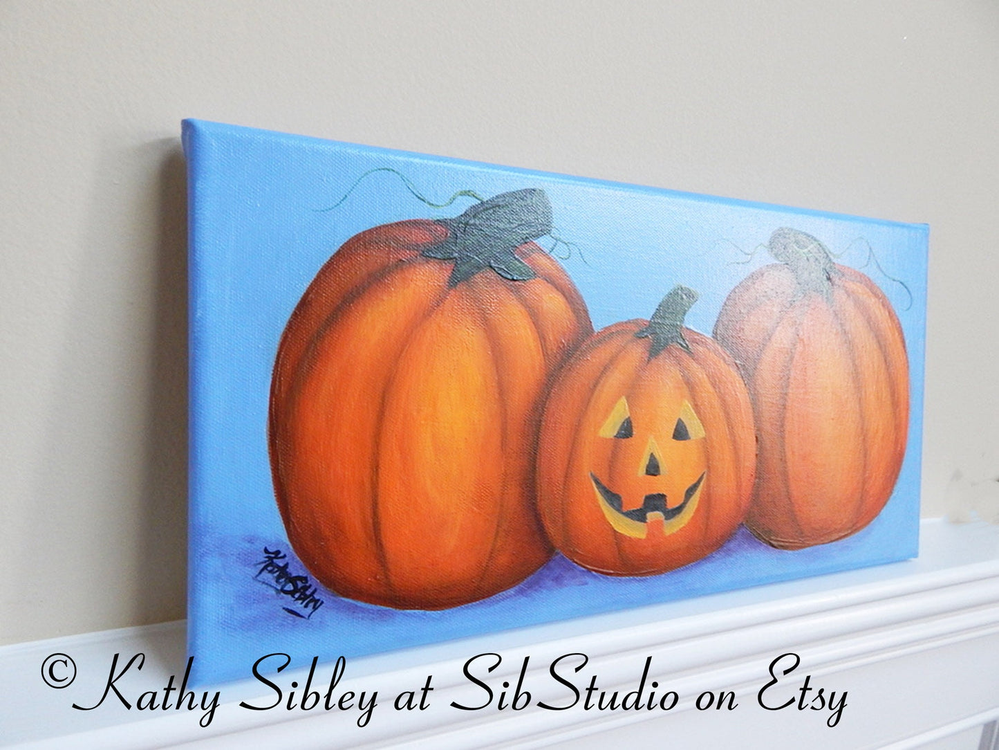 Jack O'Lantern Painting, Original Acrylic Painting, 8 x 16 inches Canvas, Pumpkin Painting, Halloween Wall Art, Jack O Lantern  Decor