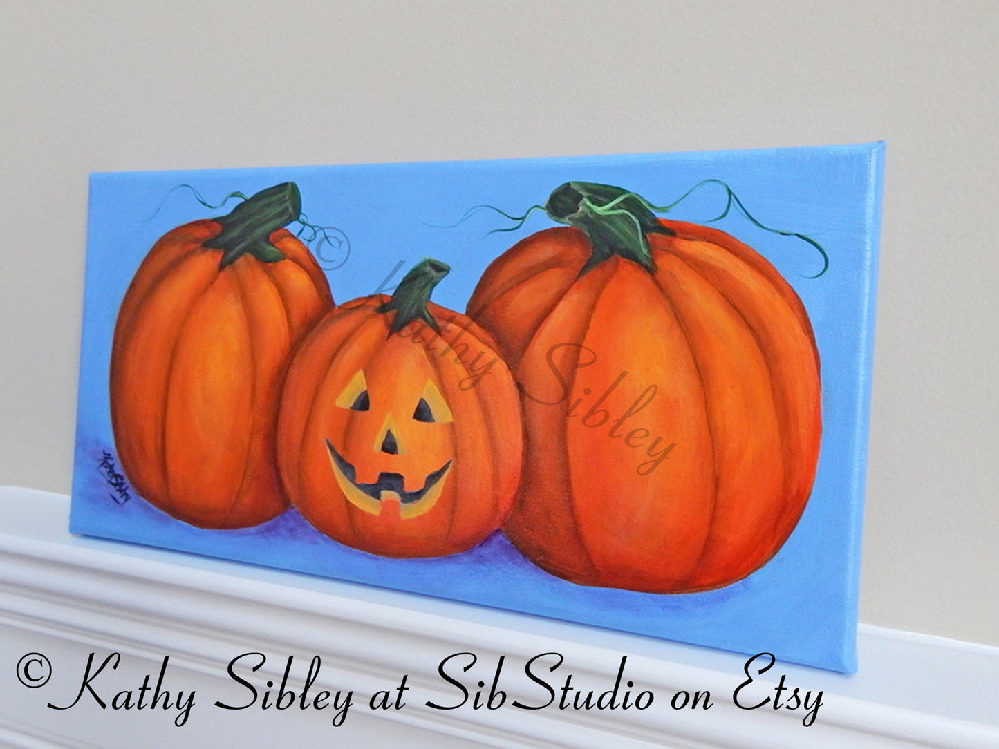 Jack O'Lantern Painting, Original Acrylic Painting, 8 x 16 inches Canvas, Pumpkin Painting, Halloween Wall Art, Jack O Lantern  Decor