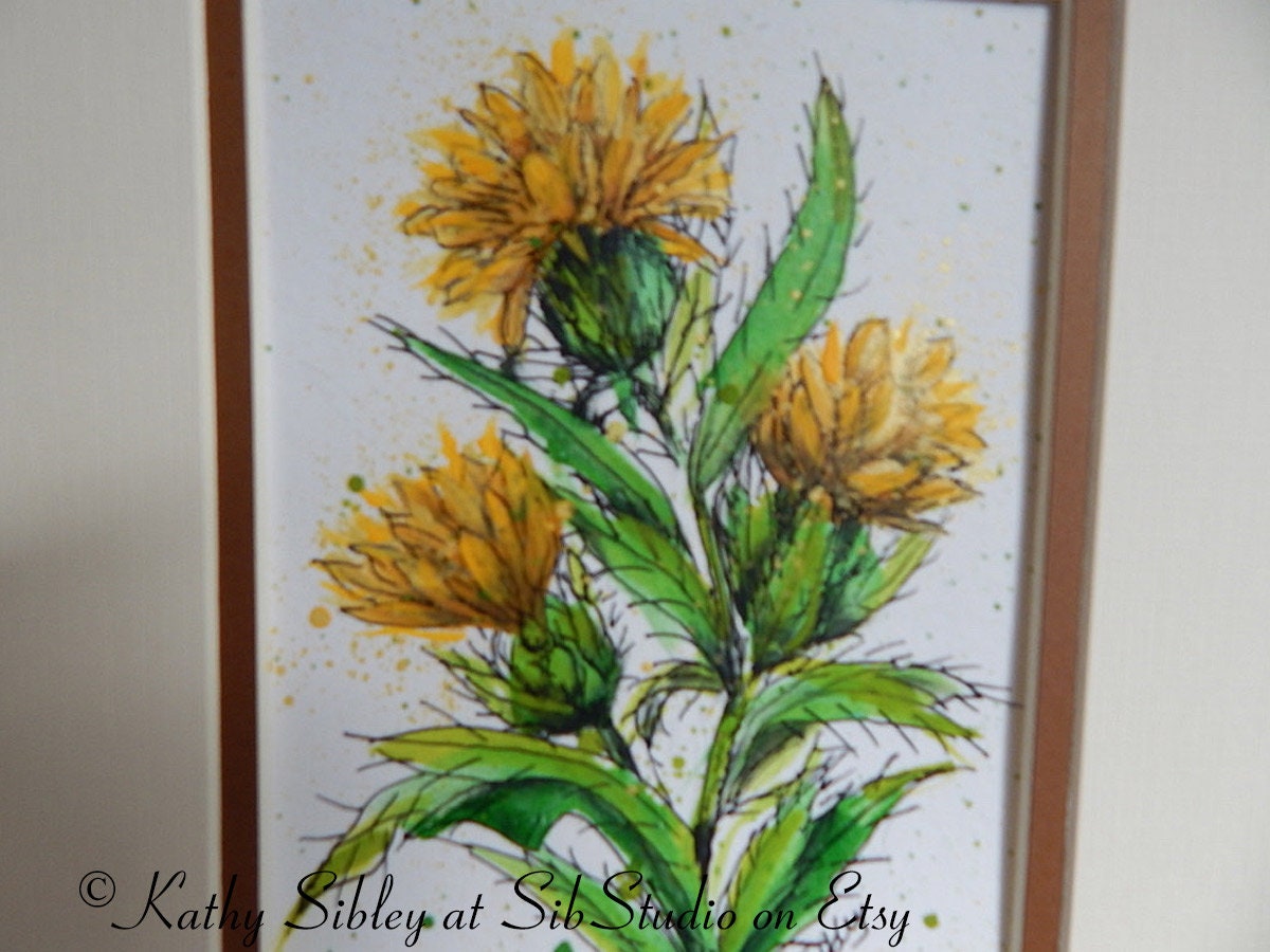 Thistle Ink Painting, Original Ink Painting, Matted 8 x 10 inches, Pen and Ink Botanical Painting, Yellow Thistle Wall Art, Acrylic Ink Art