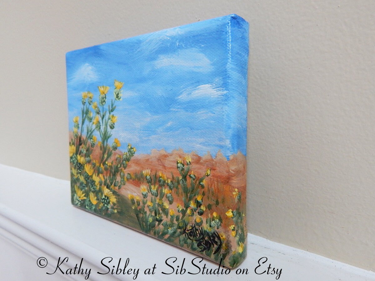 Badlands Thistles Painting, Original Acrylic Painting, 5 x 6 inches, Gallery Wrapped Canvas, Desert landscape, Yellow Thistle Wall Painting