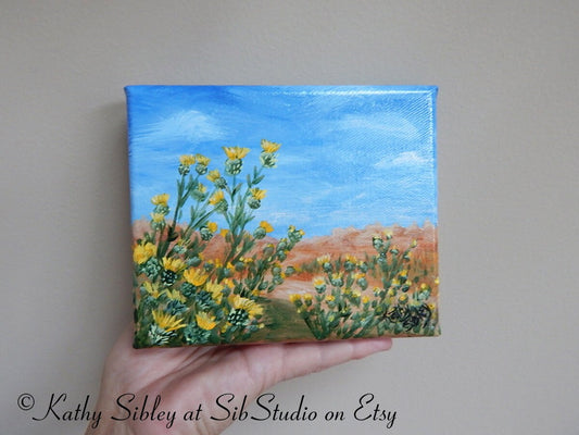 Badlands Thistles Painting, Original Acrylic Painting, 5 x 6 inches, Gallery Wrapped Canvas, Desert landscape, Yellow Thistle Wall Painting