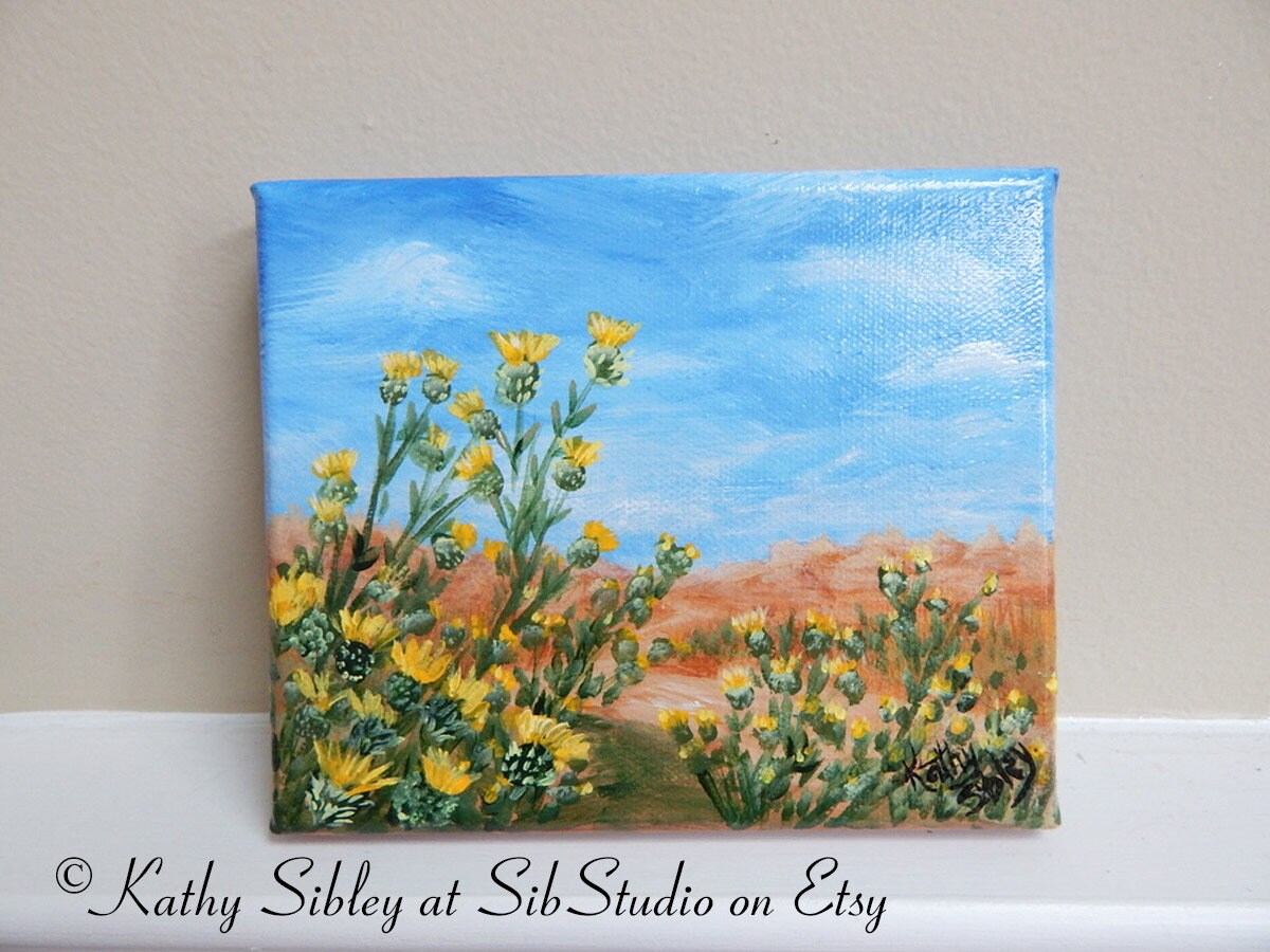 Badlands Thistles Painting, Original Acrylic Painting, 5 x 6 inches, Gallery Wrapped Canvas, Desert landscape, Yellow Thistle Wall Painting