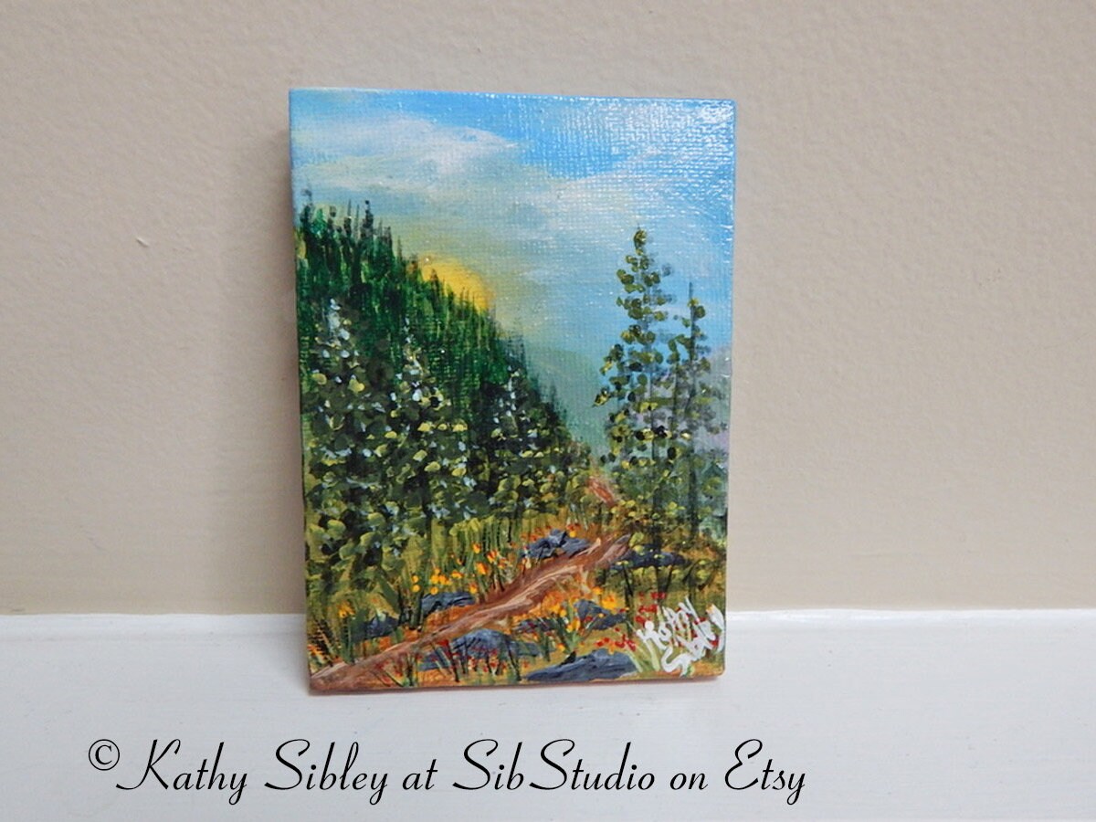 Sunrise Mountain Painting, Original Acrylic Painting, 3 x 4 inches, Sunrise Mini Artwork, Miniature Landscape, Mountain Morning Table Art