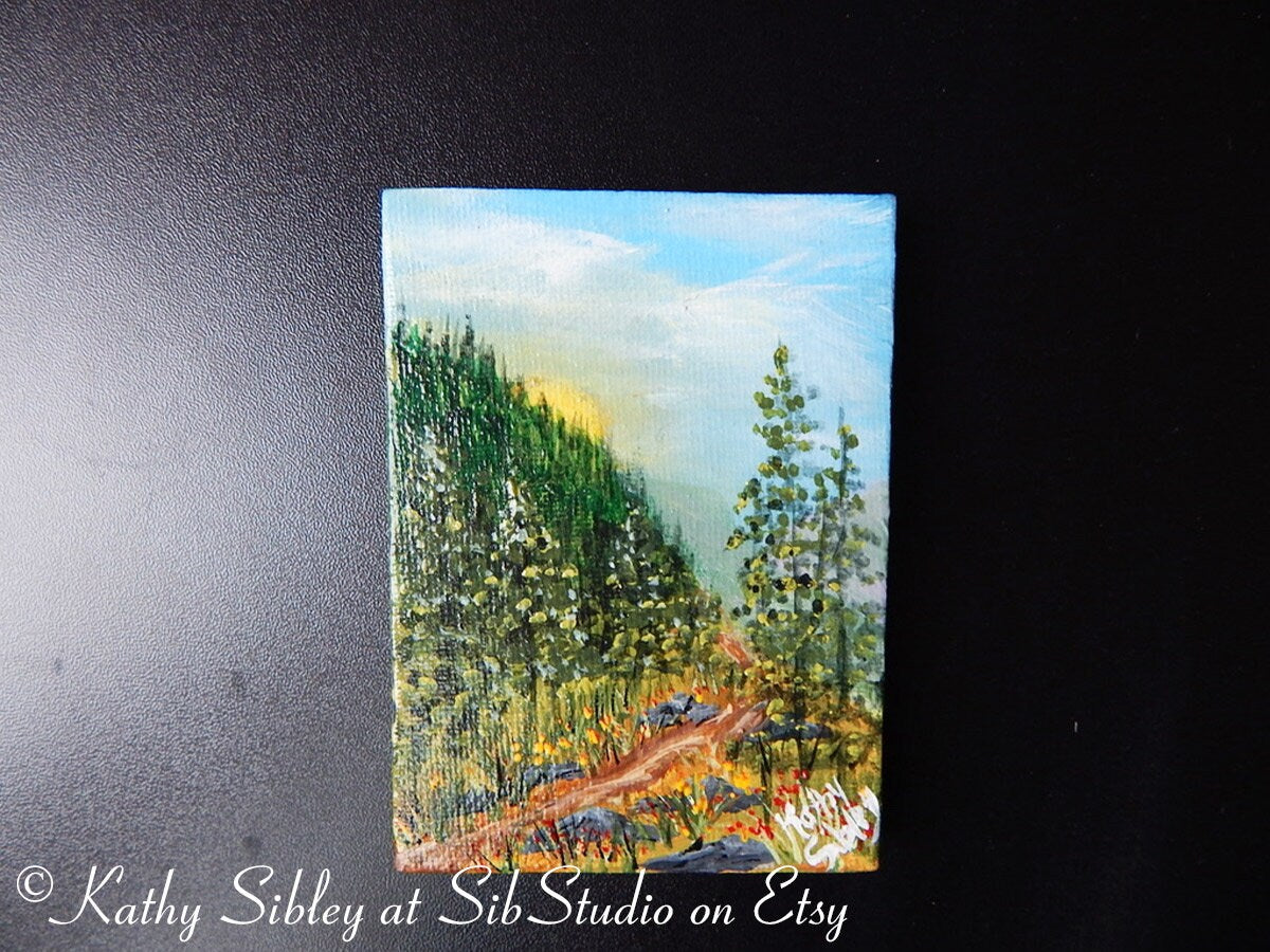 Sunrise Mountain Painting, Original Acrylic Painting, 3 x 4 inches, Sunrise Mini Artwork, Miniature Landscape, Mountain Morning Table Art