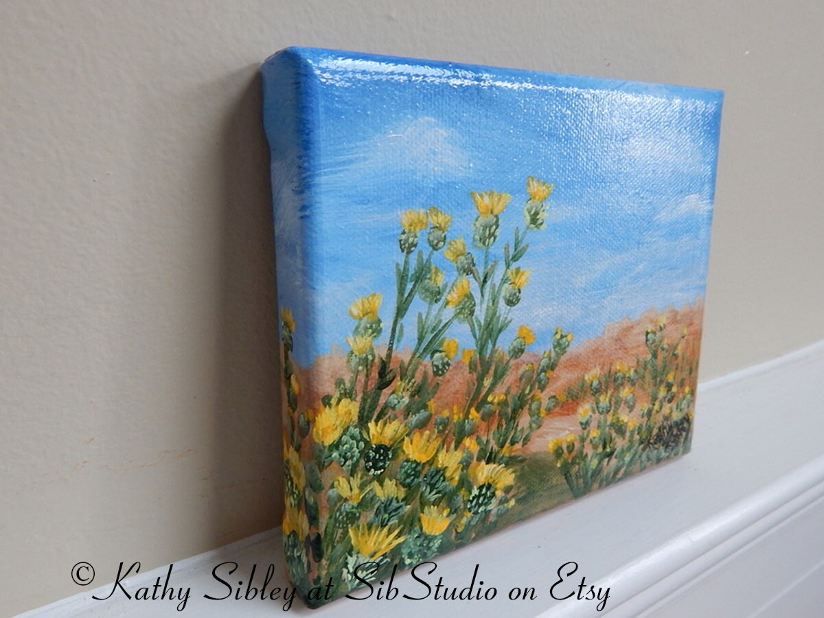 Badlands Thistles Painting, Original Acrylic Painting, 5 x 6 inches, Gallery Wrapped Canvas, Desert landscape, Yellow Thistle Wall Painting