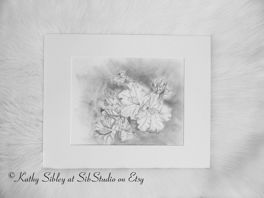 Azaleas Graphite Drawing, Matted 16 x 20, Original Graphite Drawing on Vellum Paper, Azalea Wall Art, Azaleas Home Decor, Azalea Pencil Art