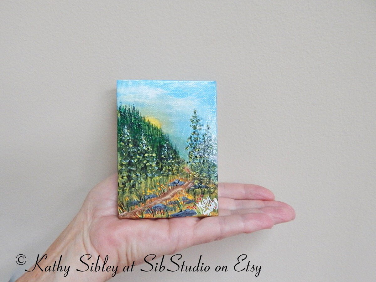 Sunrise Mountain Painting, Original Acrylic Painting, 3 x 4 inches, Sunrise Mini Artwork, Miniature Landscape, Mountain Morning Table Art