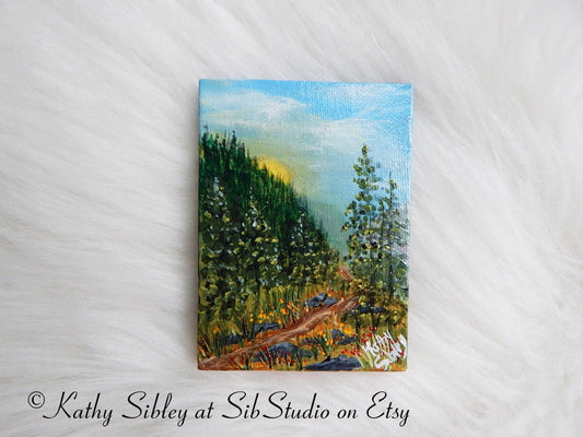 Sunrise Mountain Painting, Original Acrylic Painting, 3 x 4 inches, Sunrise Mini Artwork, Miniature Landscape, Mountain Morning Table Art