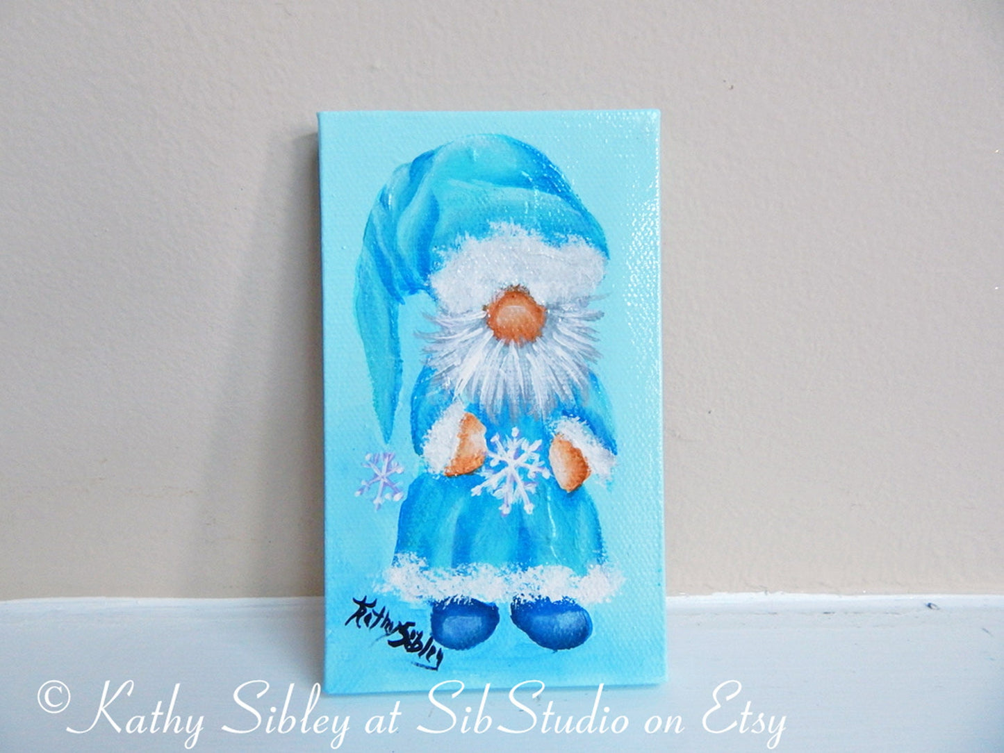 Snowflake Gnome Painting, Original Acrylic Painting, 3 x 5 inches, Gnome Mini Artwork, Miniature Winter Gnome Art, January Gnome Table Art