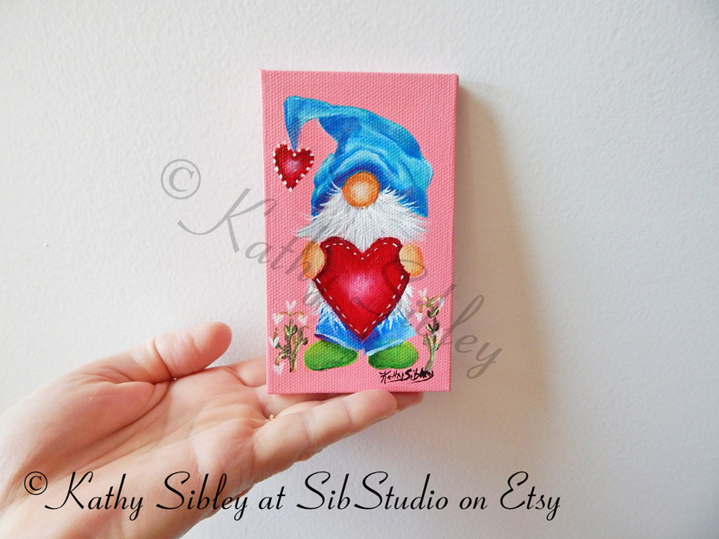 Valentine Gnome Painting, Original Acrylic Painting, 3 x 5 inches, Gnome Mini Artwork, Miniature Gnome Art, Valentine Gnome Table Art