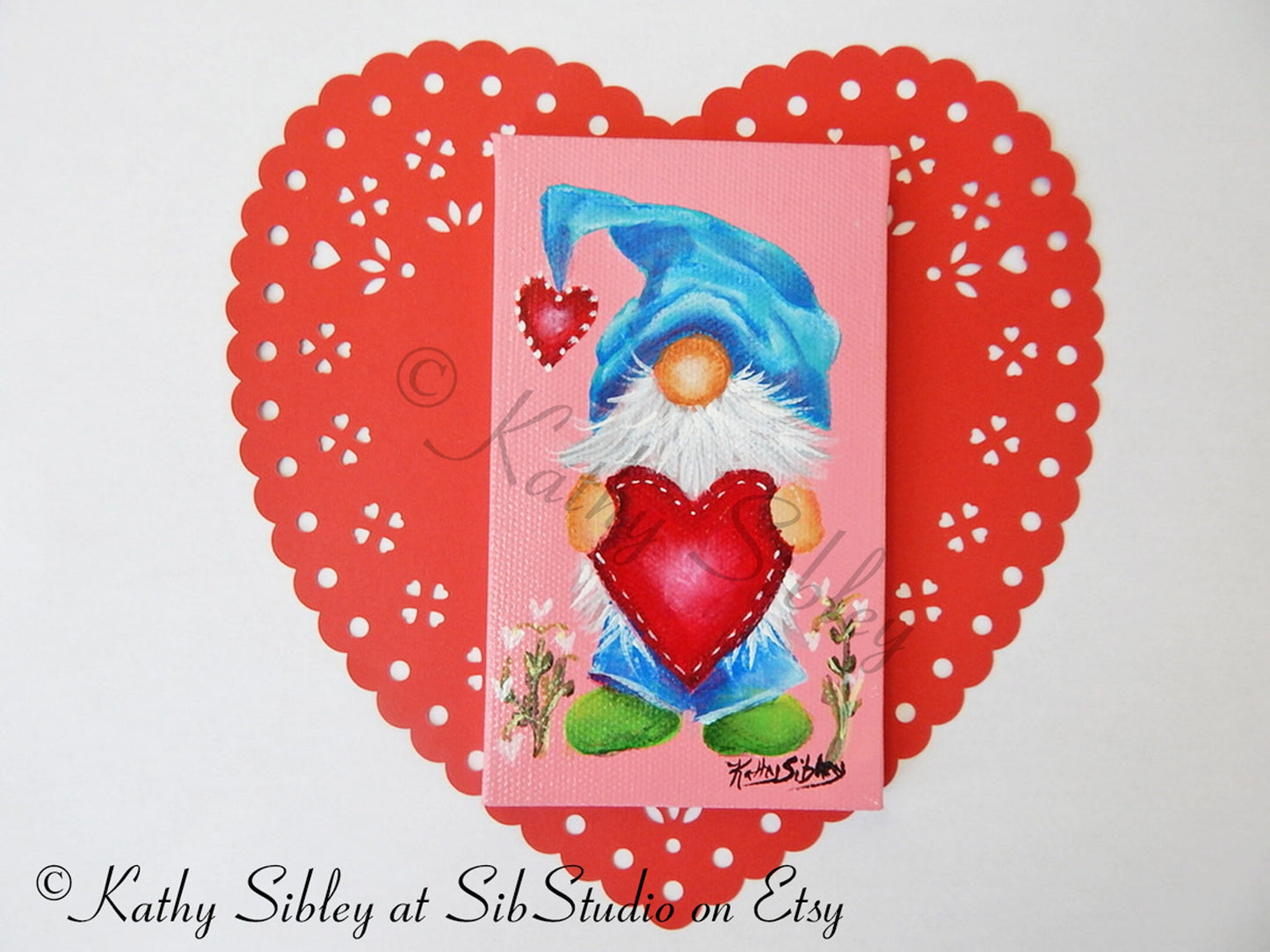 Valentine Gnome Painting, Original Acrylic Painting, 3 x 5 inches, Gnome Mini Artwork, Miniature Gnome Art, Valentine Gnome Table Art