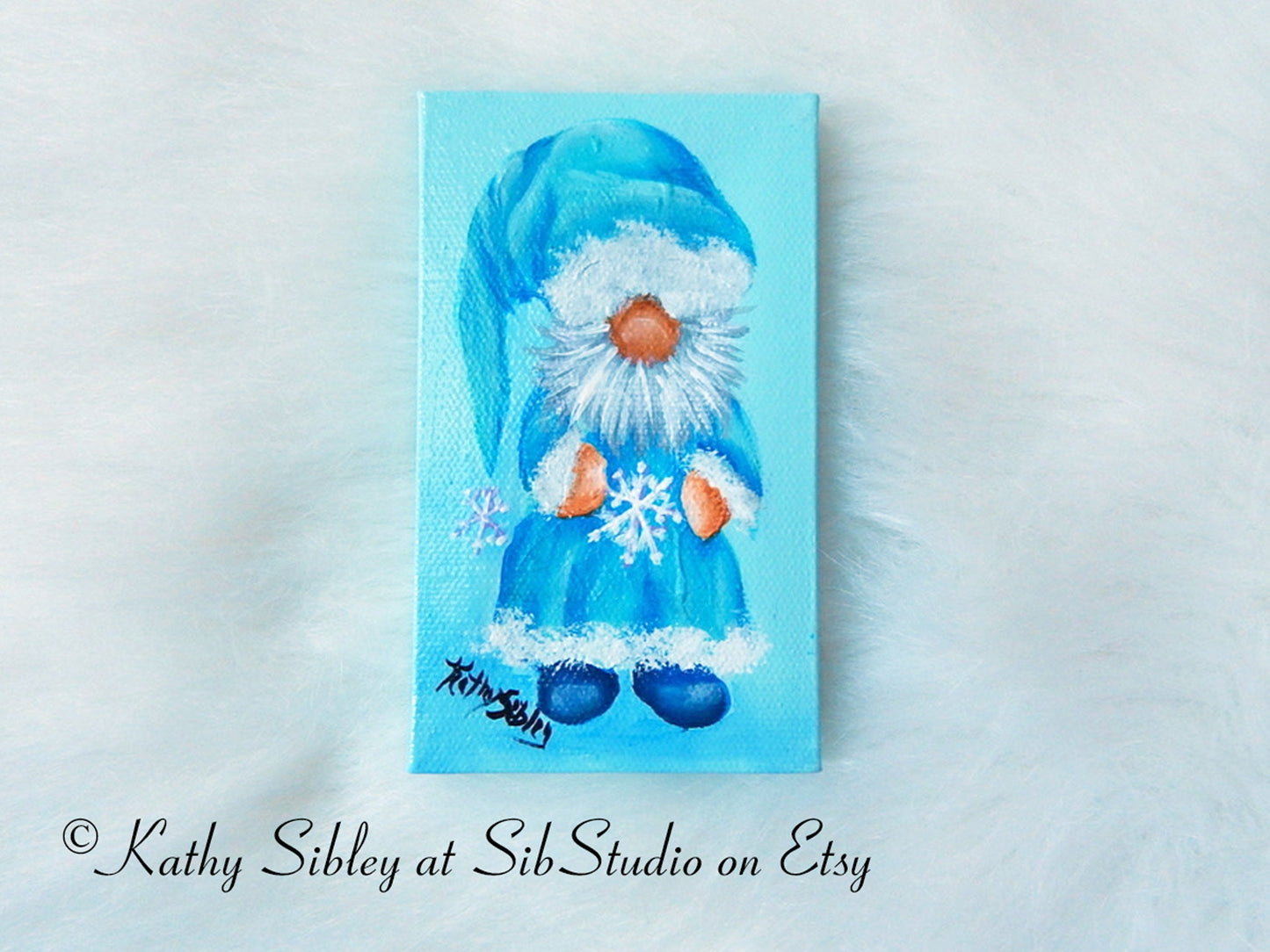 Snowflake Gnome Painting, Original Acrylic Painting, 3 x 5 inches, Gnome Mini Artwork, Miniature Winter Gnome Art, January Gnome Table Art