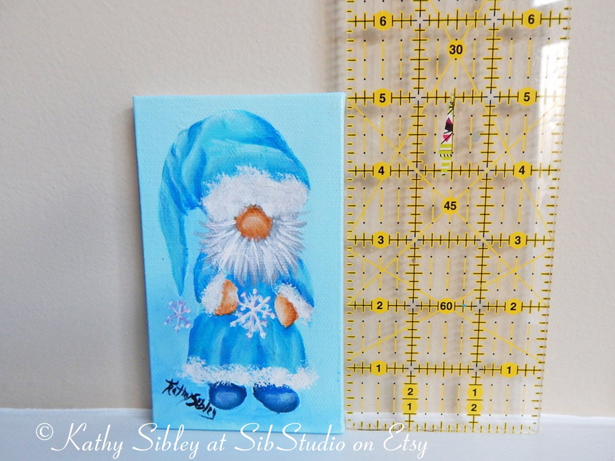 Snowflake Gnome Painting, Original Acrylic Painting, 3 x 5 inches, Gnome Mini Artwork, Miniature Winter Gnome Art, January Gnome Table Art