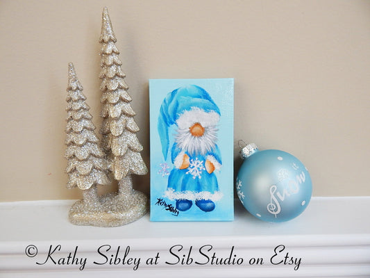 Snowflake Gnome Painting, Original Acrylic Painting, 3 x 5 inches, Gnome Mini Artwork, Miniature Winter Gnome Art, January Gnome Table Art