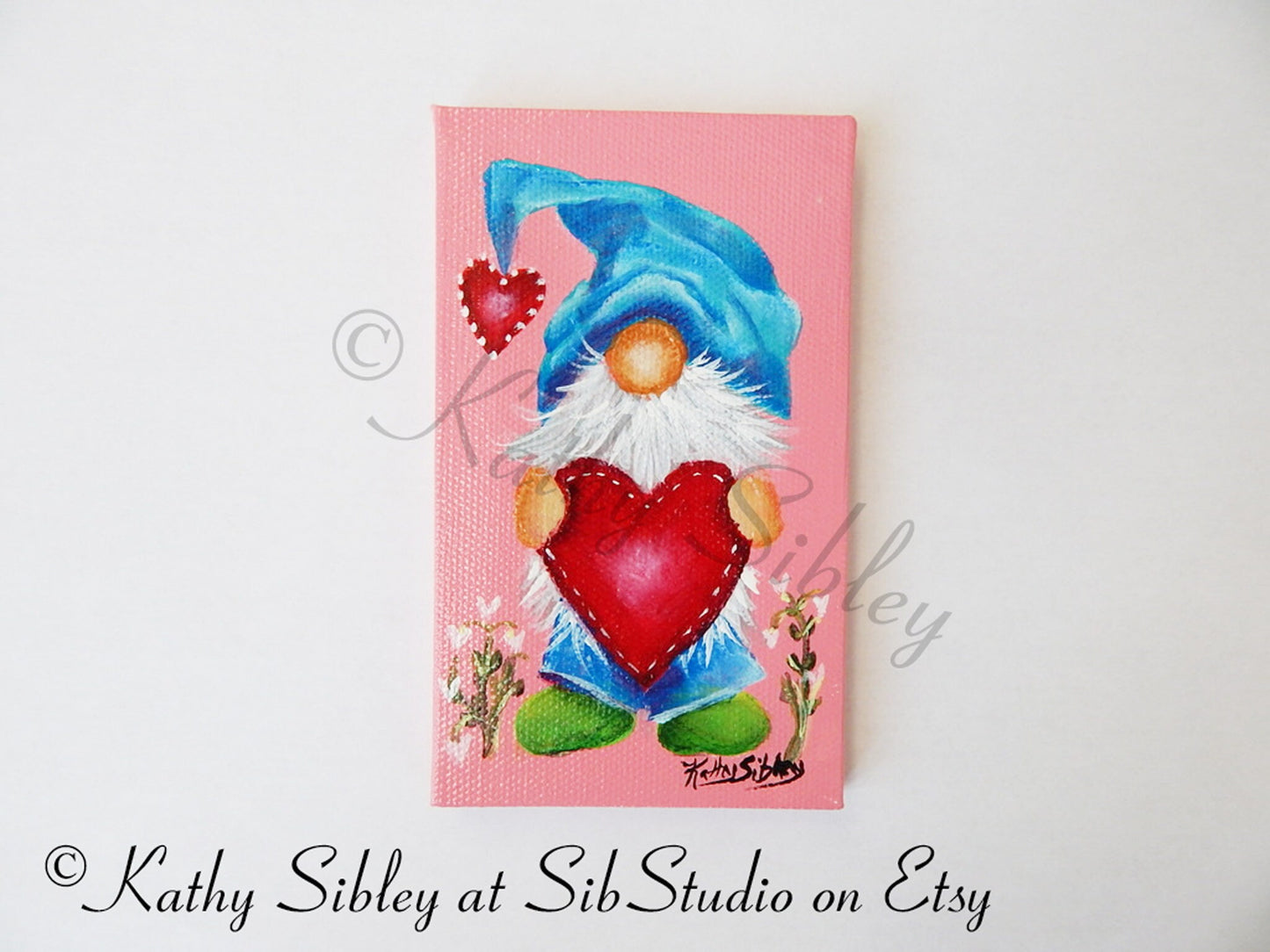 Valentine Gnome Painting, Original Acrylic Painting, 3 x 5 inches, Gnome Mini Artwork, Miniature Gnome Art, Valentine Gnome Table Art