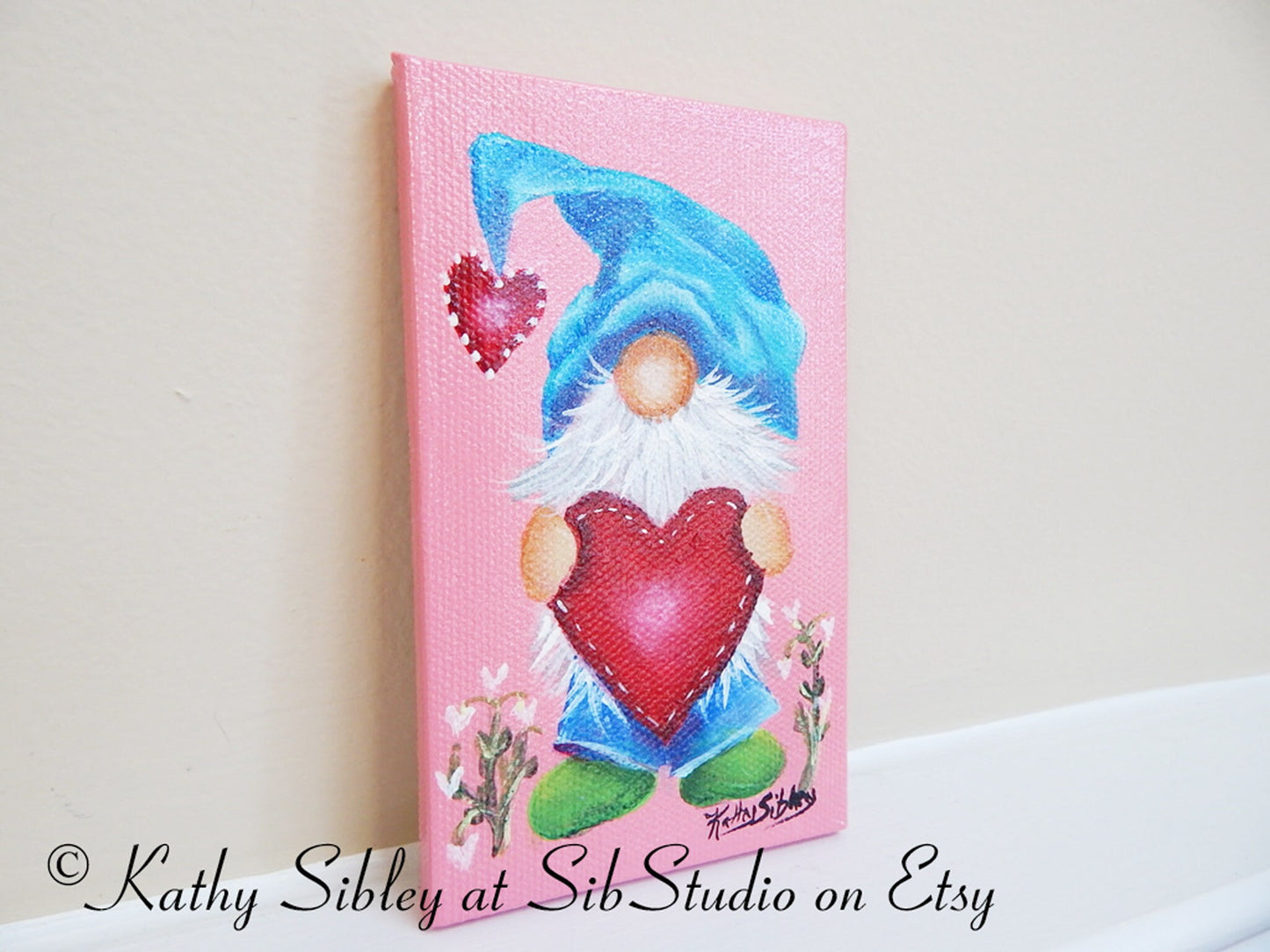 Valentine Gnome Painting, Original Acrylic Painting, 3 x 5 inches, Gnome Mini Artwork, Miniature Gnome Art, Valentine Gnome Table Art