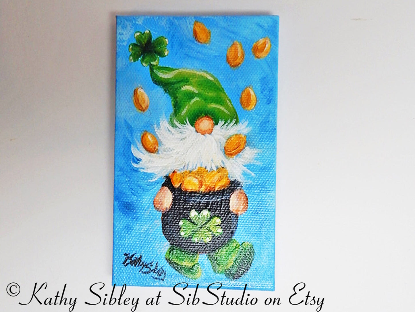 March Gnome Painting, Original Acrylic Painting, 3 x 5 inches, Gnome Mini Artwork, Miniature Gnome Art, St. Patrick's Day Gnome Table Art