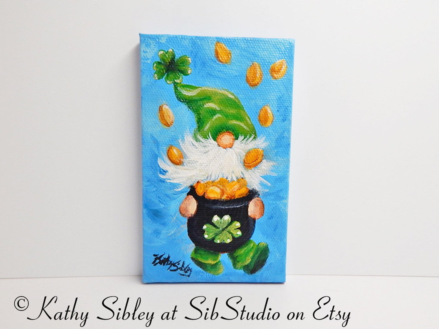 March Gnome Painting, Original Acrylic Painting, 3 x 5 inches, Gnome Mini Artwork, Miniature Gnome Art, St. Patrick's Day Gnome Table Art