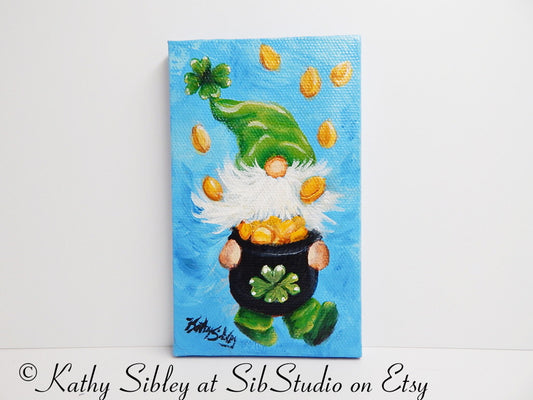 March Gnome Painting, Original Acrylic Painting, 3 x 5 inches, Gnome Mini Artwork, Miniature Gnome Art, St. Patrick's Day Gnome Table Art