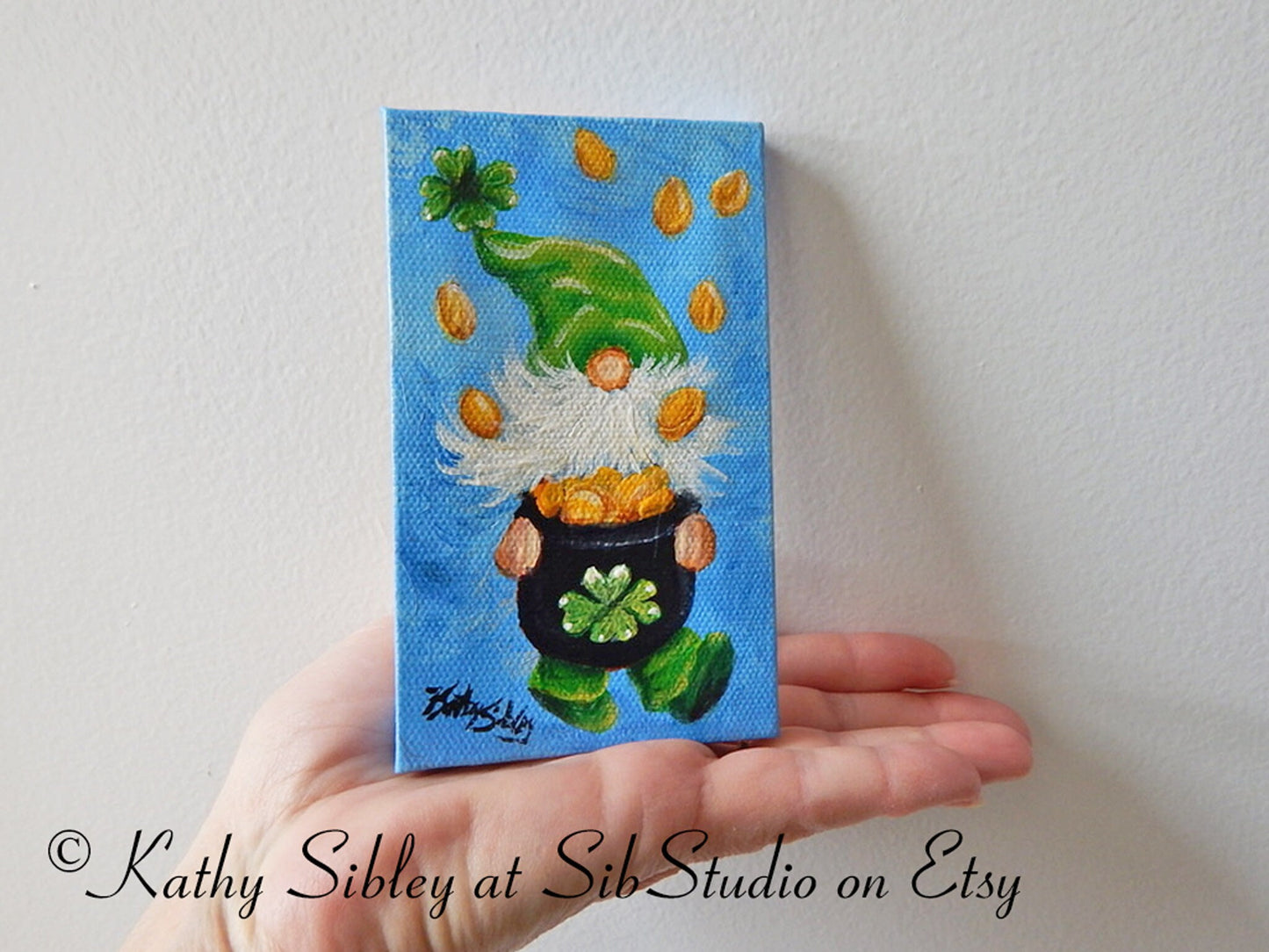 March Gnome Painting, Original Acrylic Painting, 3 x 5 inches, Gnome Mini Artwork, Miniature Gnome Art, St. Patrick's Day Gnome Table Art