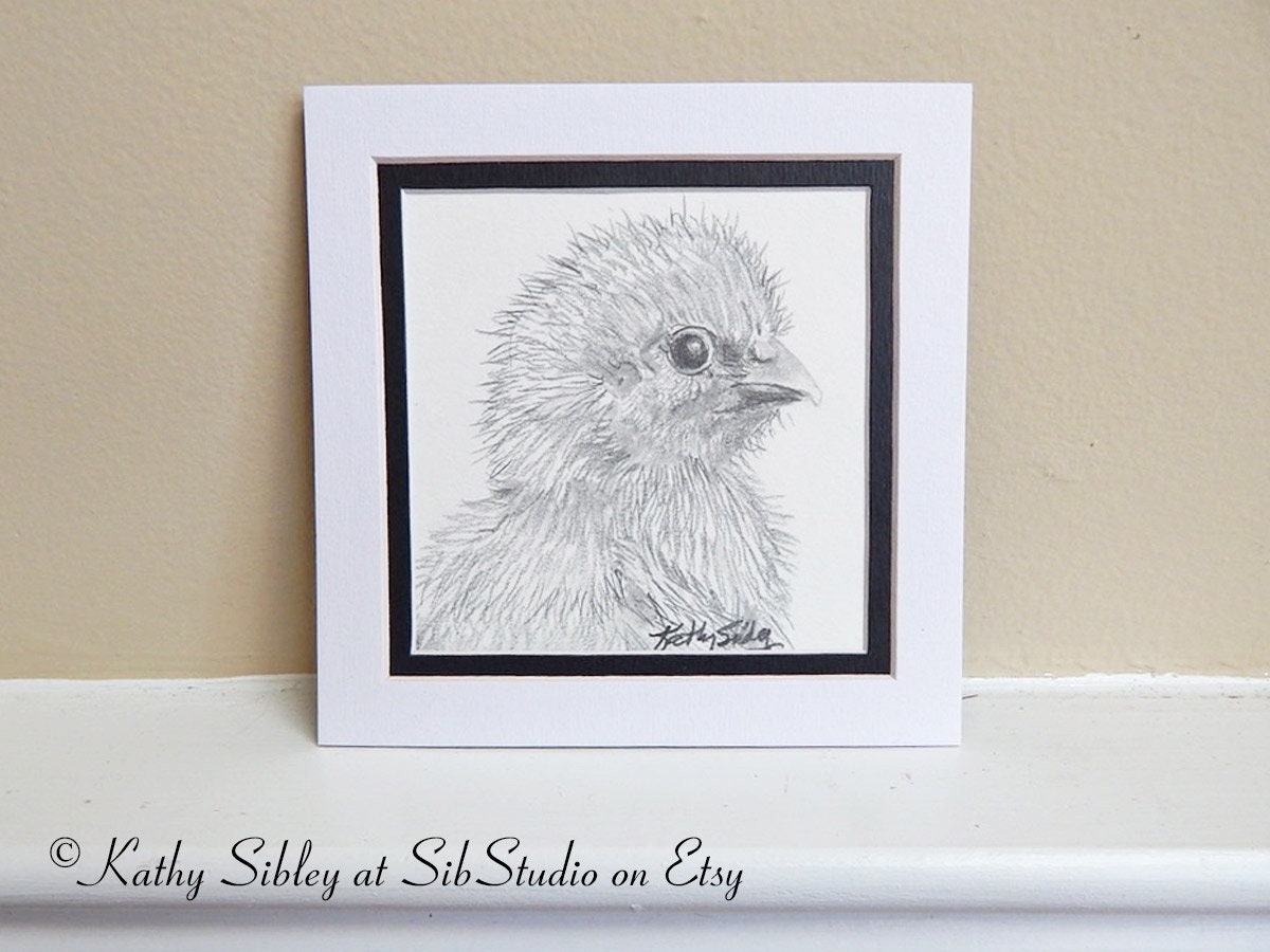 Baby Chick Drawing, Original Drawing, Matted 5 x 5 inches, Chick Graphite Drawing, Chick Pencil Art, Chick Portrait, Baby Chick Wall Art