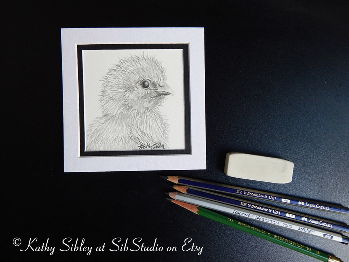 Baby Chick Drawing, Original Drawing, Matted 5 x 5 inches, Chick Graphite Drawing, Chick Pencil Art, Chick Portrait, Baby Chick Wall Art