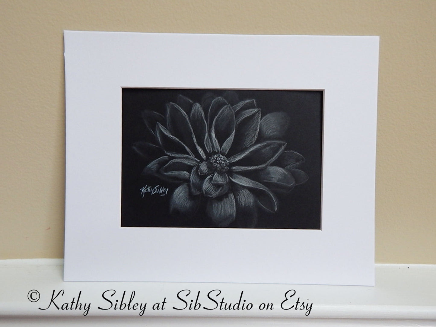 Ghost Mums Drawing, Original Charcoal Drawing, Matted 8 x 10 inches, White & Black Chrysanthemum Art, Spooky Mums Art, White Mums on Black