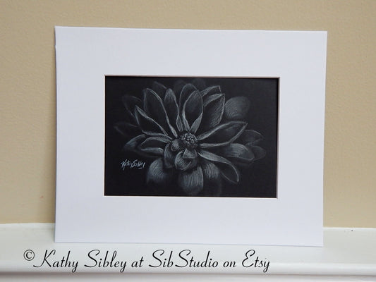 Ghost Mums Drawing, Original Charcoal Drawing, Matted 8 x 10 inches, White & Black Chrysanthemum Art, Spooky Mums Art, White Mums on Black