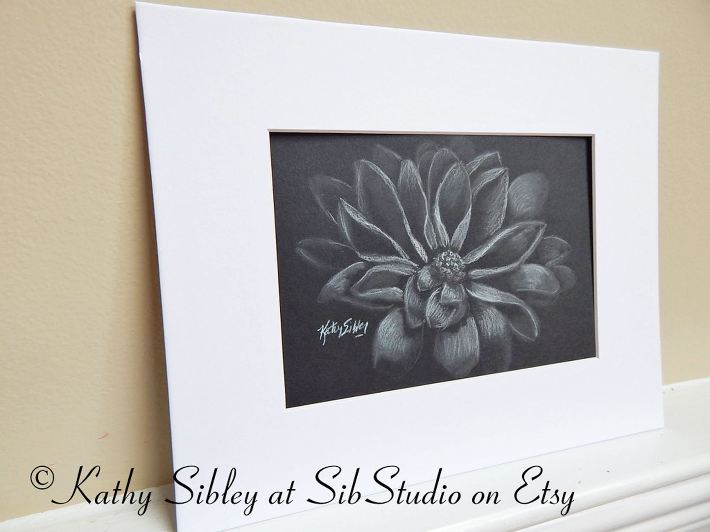 Ghost Mums Drawing, Original Charcoal Drawing, Matted 8 x 10 inches, White & Black Chrysanthemum Art, Spooky Mums Art, White Mums on Black