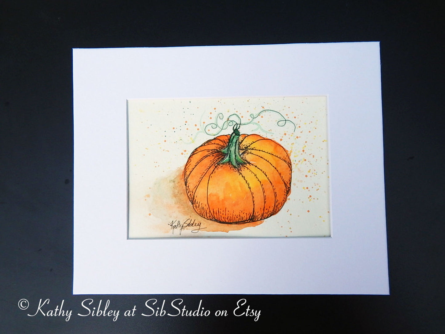 October Pumpkin Painting, Ink and Watercolor Art, 5 x 7 ", 8 x 10" Matted, Watercolor & Ink on Watercolor Paper, Pumpkin Wall Art