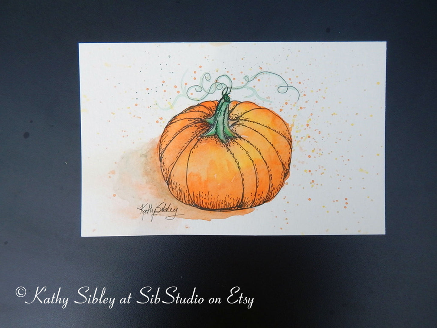 October Pumpkin Painting, Ink and Watercolor Art, 5 x 7 ", 8 x 10" Matted, Watercolor & Ink on Watercolor Paper, Pumpkin Wall Art