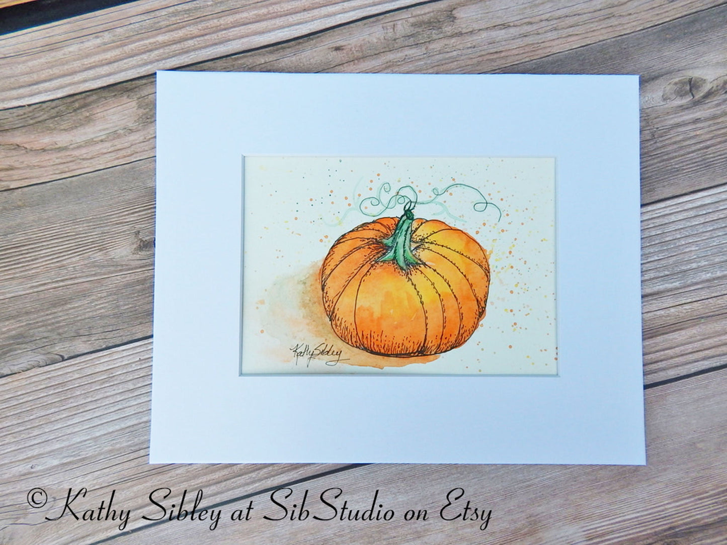 October Pumpkin Painting, Ink and Watercolor Art, 5 x 7 ", 8 x 10" Matted, Watercolor & Ink on Watercolor Paper, Pumpkin Wall Art