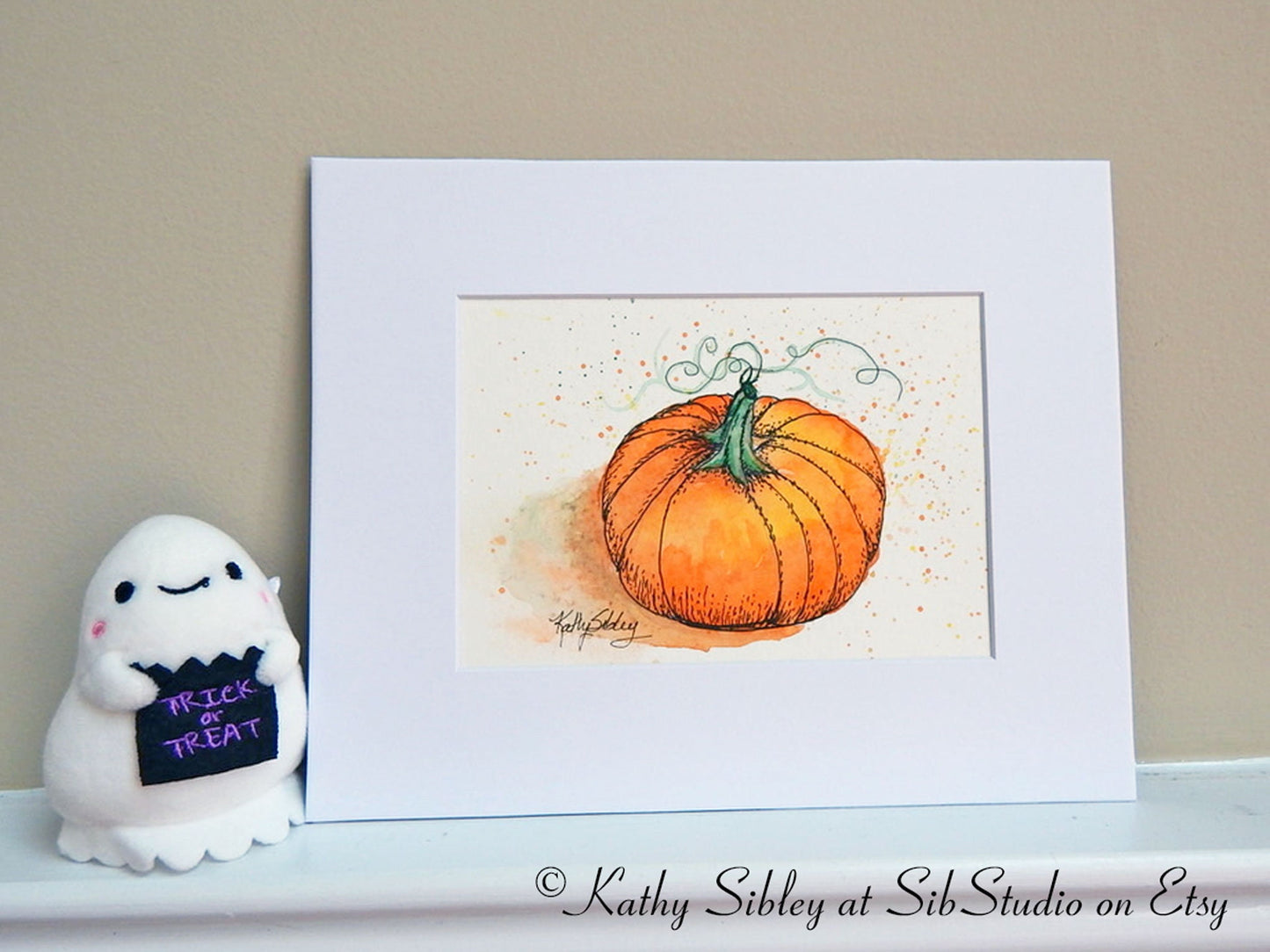 October Pumpkin Painting, Ink and Watercolor Art, 5 x 7 ", 8 x 10" Matted, Watercolor & Ink on Watercolor Paper, Pumpkin Wall Art