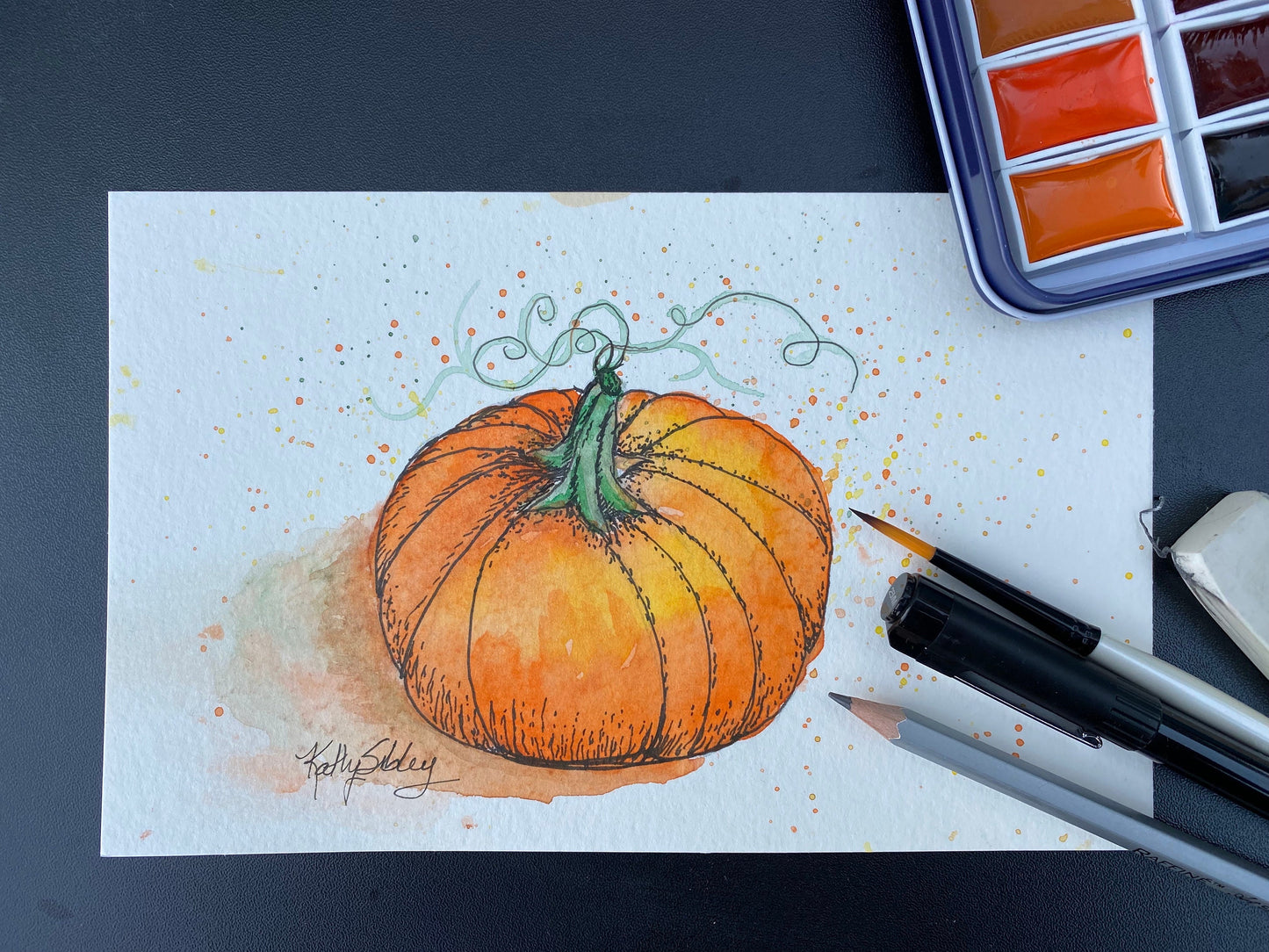 Ink and watercolor pumpkin painting. Matted 8 x 10 inches 