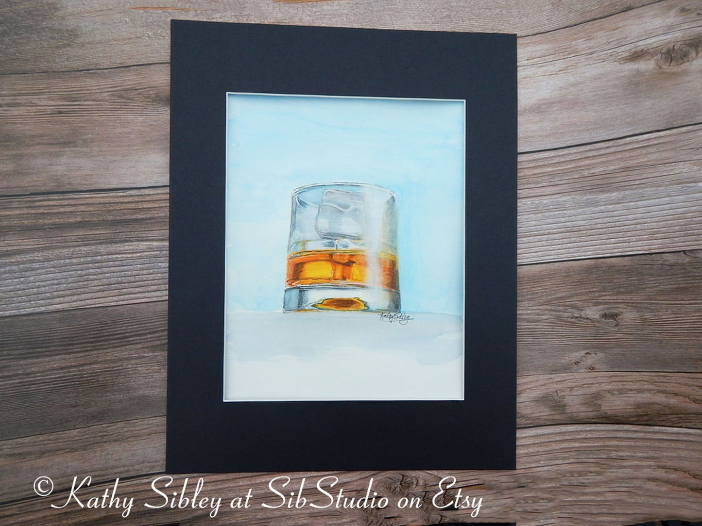 Bourbon Glass Painting, Original Mixed Media Art, 8 x 10" Matted 11 x 14", Watercolor & Color Pencil on Watercolor Paper, Whiskey Glass Art