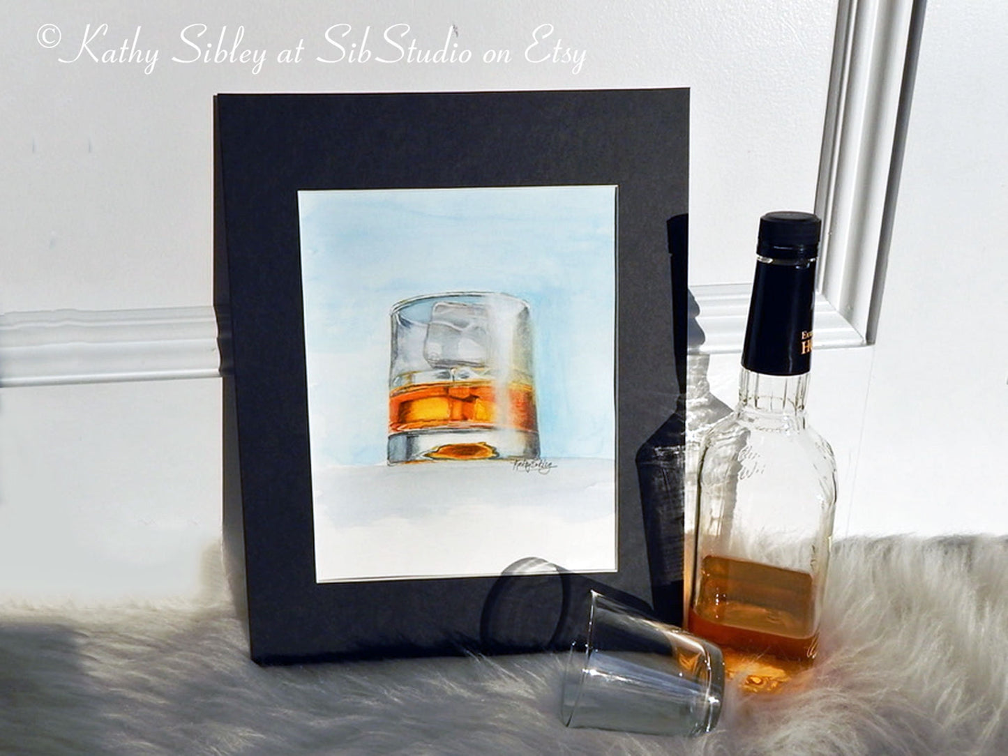 Bourbon Glass Painting, Original Mixed Media Art, 8 x 10" Matted 11 x 14", Watercolor & Color Pencil on Watercolor Paper, Whiskey Glass Art