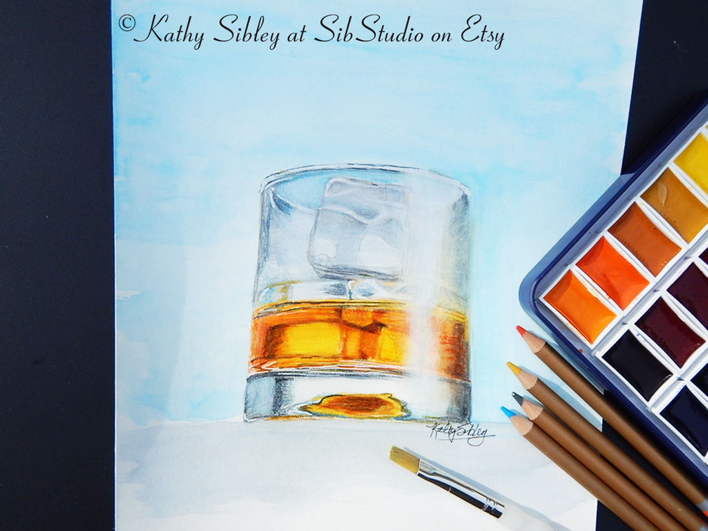 Bourbon Glass Painting, Original Mixed Media Art, 8 x 10" Matted 11 x 14", Watercolor & Color Pencil on Watercolor Paper, Whiskey Glass Art