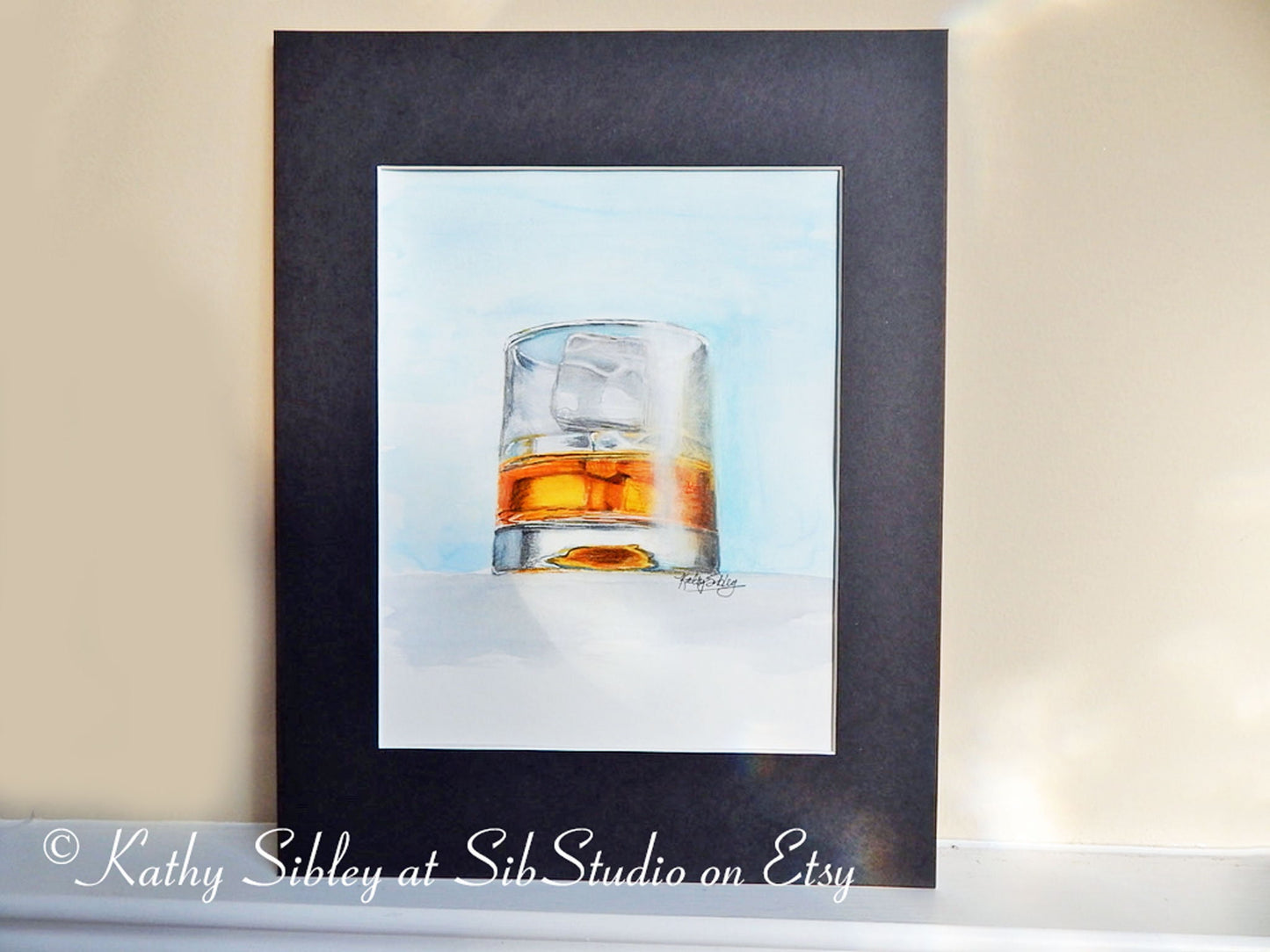 Bourbon Glass Painting, Original Mixed Media Art, 8 x 10" Matted 11 x 14", Watercolor & Color Pencil on Watercolor Paper, Whiskey Glass Art