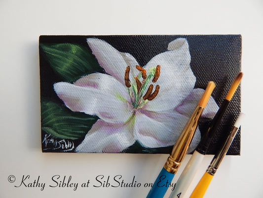 White Lily Painting, Original Acrylic Painting, 3 x 5 inches, Lily Mini Artwork, Miniature Flower Art, Easter Lily Painting, Lily Table Art