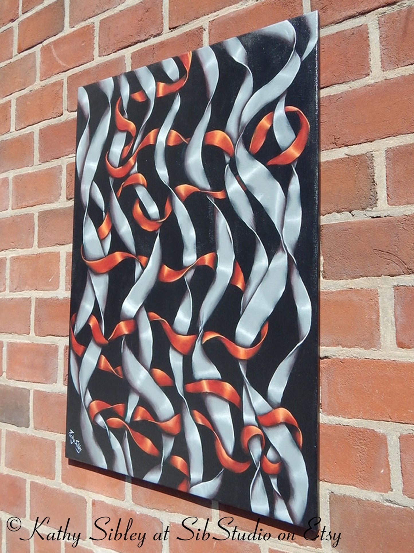 Twisting Ribbons Painting,  Original Acrylic Painting , 24 x 36 inches,  Gallery Wrapped Canvas, Silver, Red and Black Ribbon Wall Art