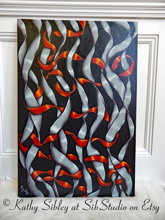 Twisting Ribbons Painting,  Original Acrylic Painting , 24 x 36 inches,  Gallery Wrapped Canvas, Silver, Red and Black Ribbon Wall Art