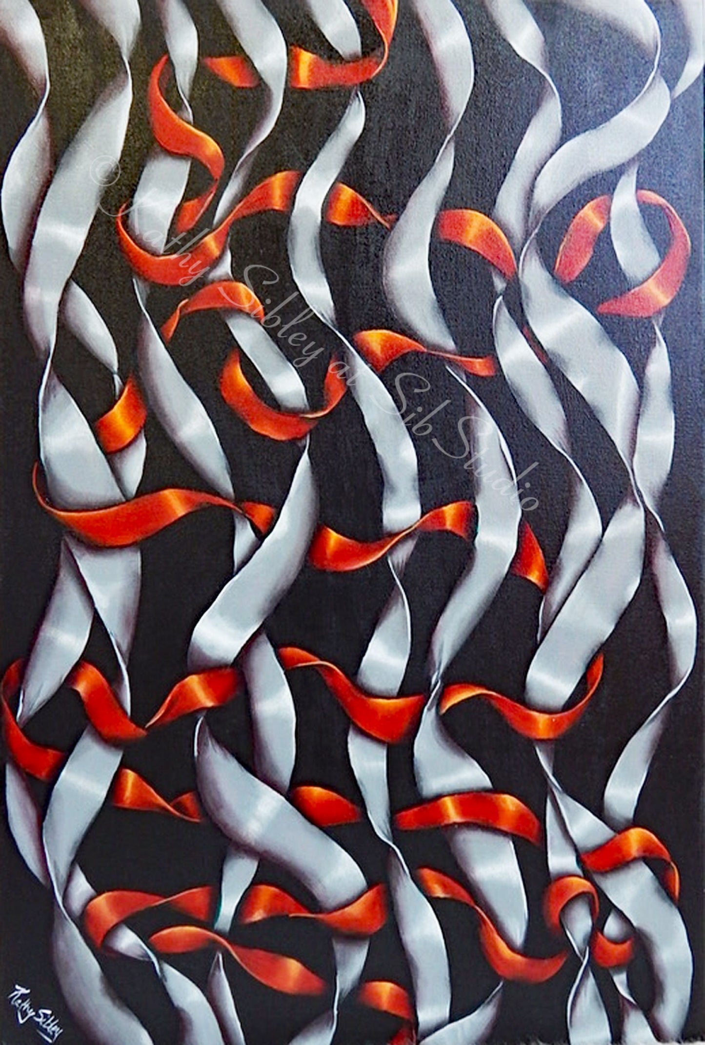 Twisting Ribbons Painting,  Original Acrylic Painting , 24 x 36 inches,  Gallery Wrapped Canvas, Silver, Red and Black Ribbon Wall Art