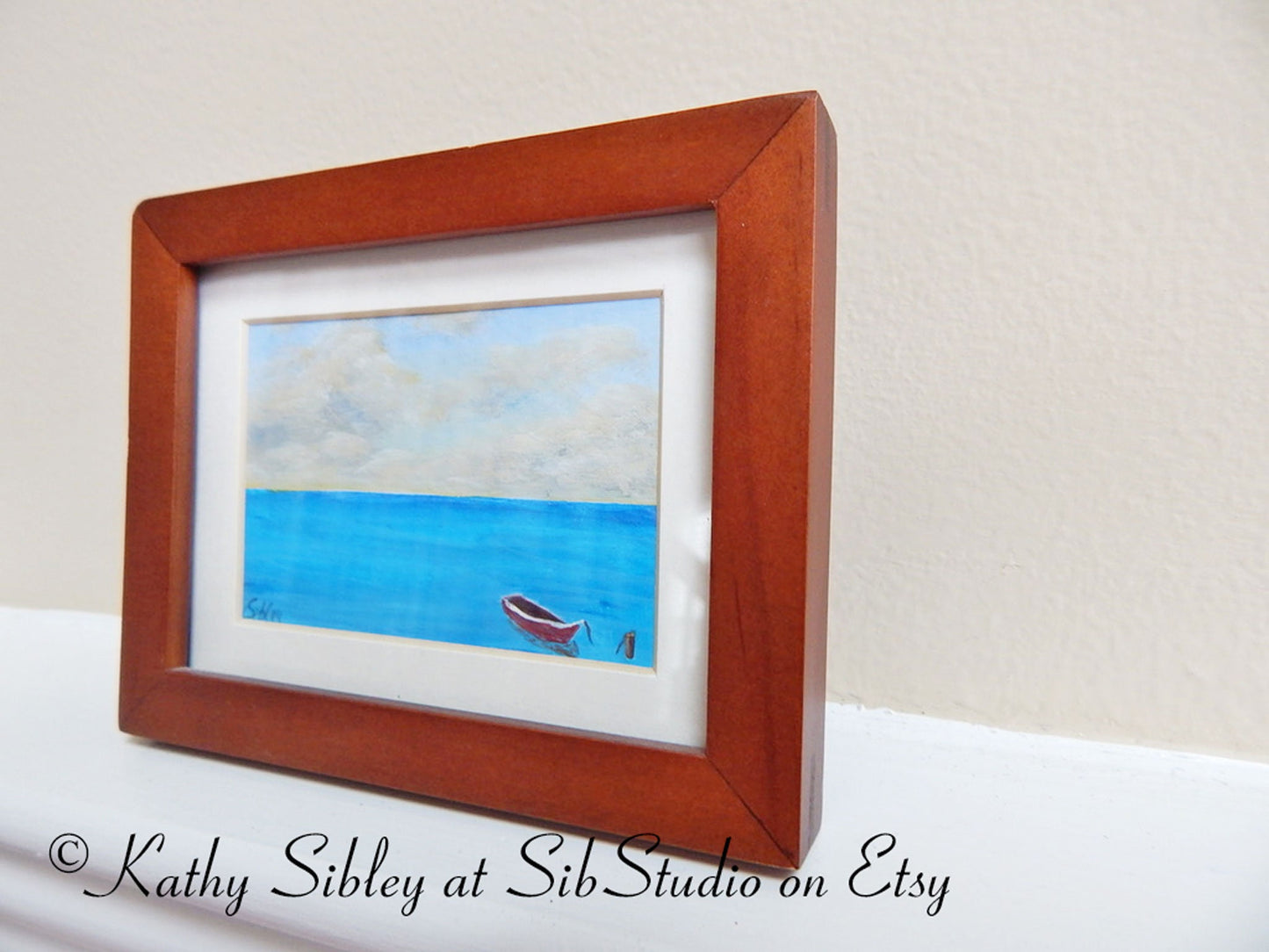 Miniature Boat Painting, Framed Original Painting, 4.75 x 3.75 inches, Acrylic Paints on Watercolor Paper, Ocean Miniature Art, Boat Art