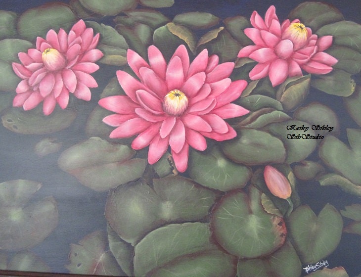 Pink Waterlilies Painting, Original Acrylic Painting, Gesso Art Panel, Framed 20 x 24 inches, Pink Waterlily Wall Art, Waterlily Home Decor