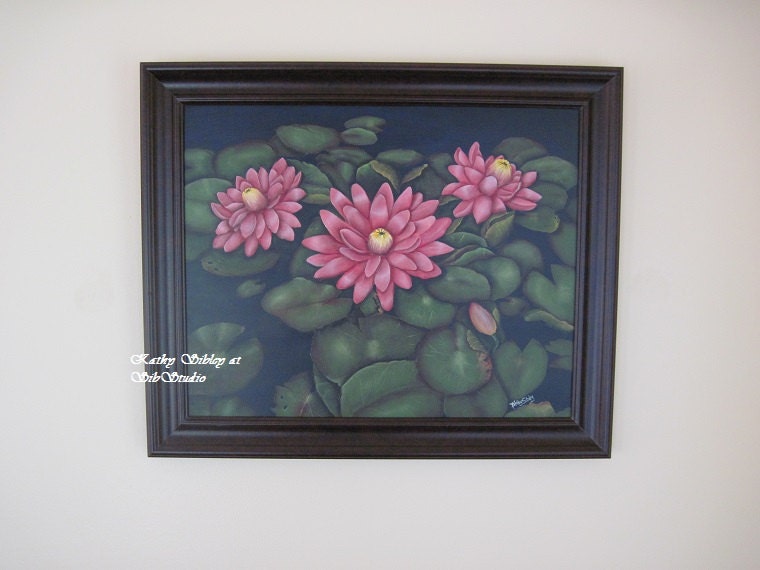 Pink Waterlilies Painting, Original Acrylic Painting, Gesso Art Panel, Framed 20 x 24 inches, Pink Waterlily Wall Art, Waterlily Home Decor