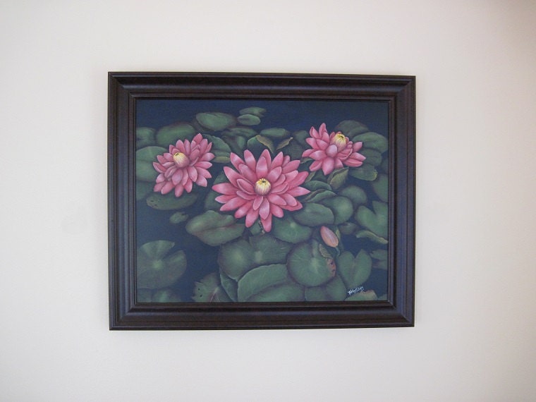 Pink Waterlilies Painting, Original Acrylic Painting, Gesso Art Panel, Framed 20 x 24 inches, Pink Waterlily Wall Art, Waterlily Home Decor