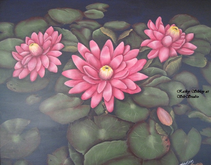 Pink Waterlilies Painting, Original Acrylic Painting, Gesso Art Panel, Framed 20 x 24 inches, Pink Waterlily Wall Art, Waterlily Home Decor