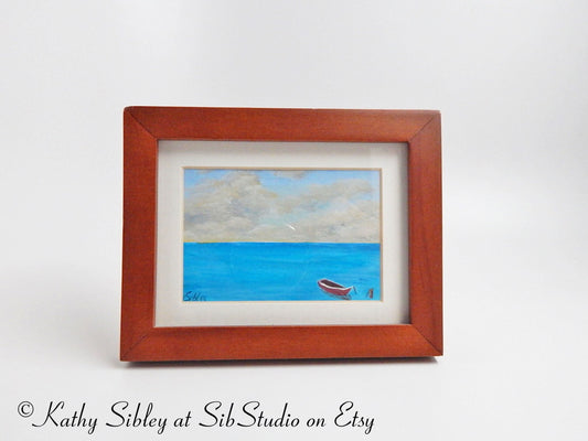 Miniature Boat Painting, Framed Original Painting, 4.75 x 3.75 inches, Acrylic Paints on Watercolor Paper, Ocean Miniature Art, Boat Art